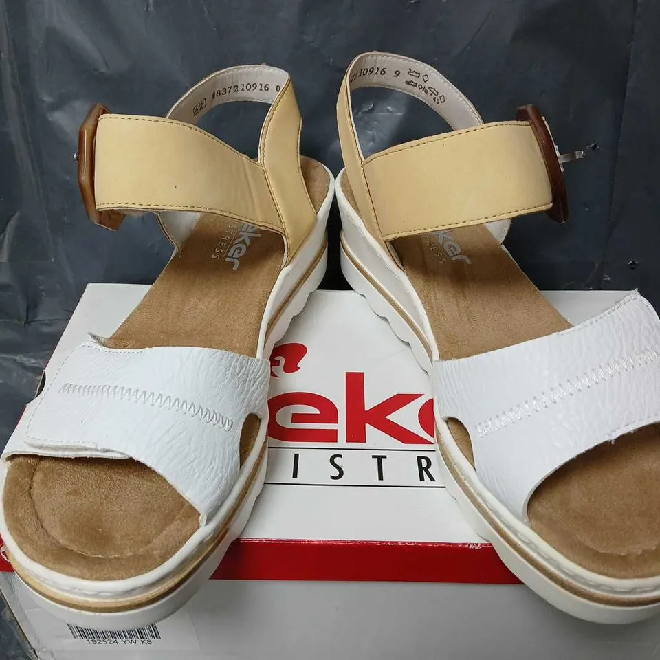 BOXED RIEKER BUCKLE WEDGE SANDALS IN WHITE/YELLOW - SIZE 42