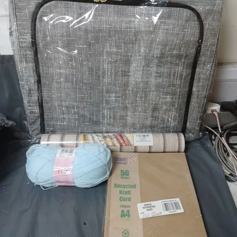 APPROXIMATELY 20 ASSORTED HOUSEHOLD ITEMS TO INCLUDE KNITTING YARN, WALLPAPER AND STORAGE BOXES