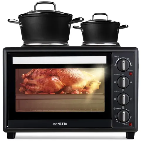BOXED NETTA 35L ELECTRIC MINI OVEN WITH DOUBLE HOTPLATE, MULTIPLE COOKING FUNCTIONS & GRILL, TEMPERATURE CONTROL TIMER BLACK