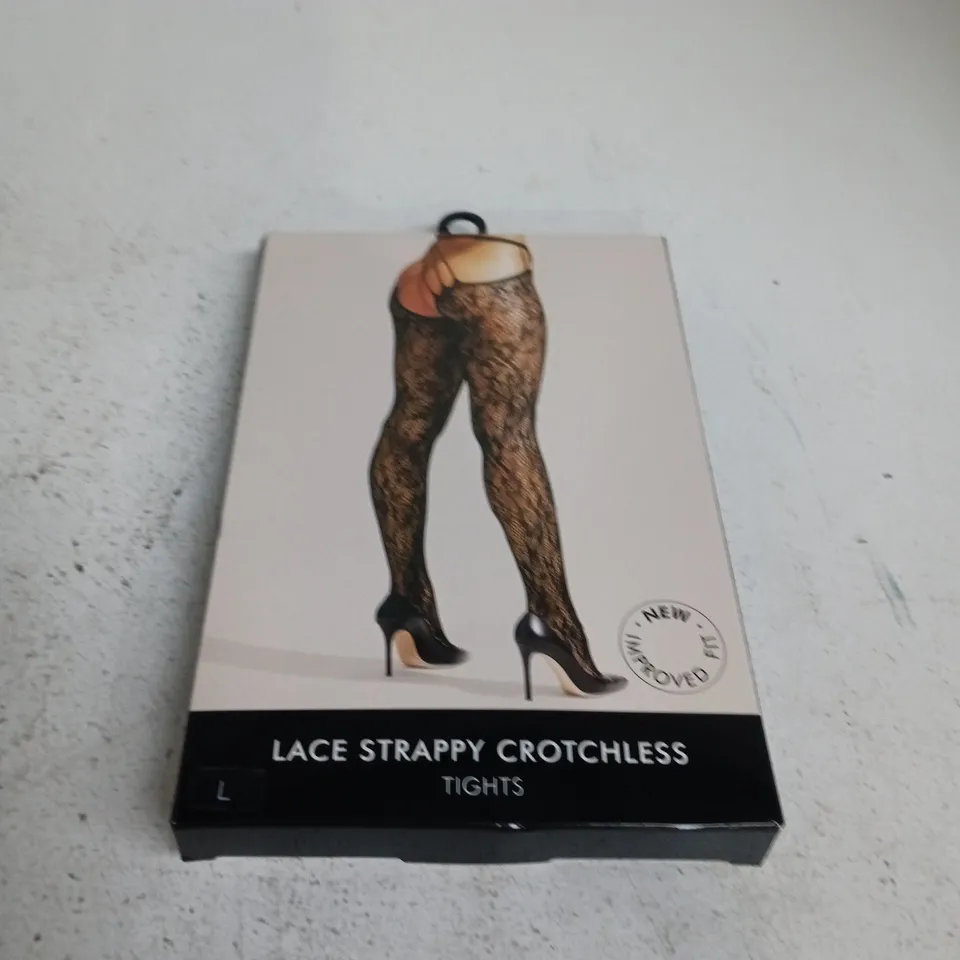 LACE STRAPPY CROTCHLESS TIGHTS - BLACK, UK SIZE 16-18 (L)