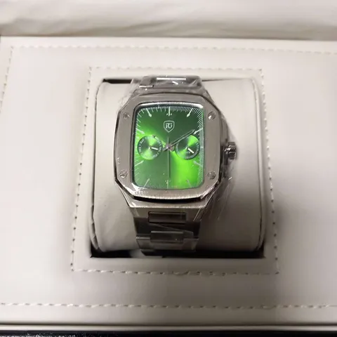 RAYMOND GAUDIN STAINLESS STEEL WRIST WATCH WITH GREEN FACE IN PRESENTATION BOX