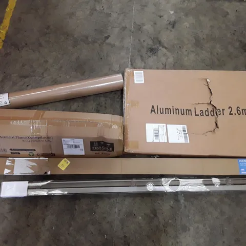 PALLET OF ASSORTED PRODUCTS INCLUDING ALUMINIUM LADDER 2.6M, LED BATTEN LIGHT, ROLLER BLIND, ARTIFICIAL PLANT, STRONG BROWN WRAPPING PAPER