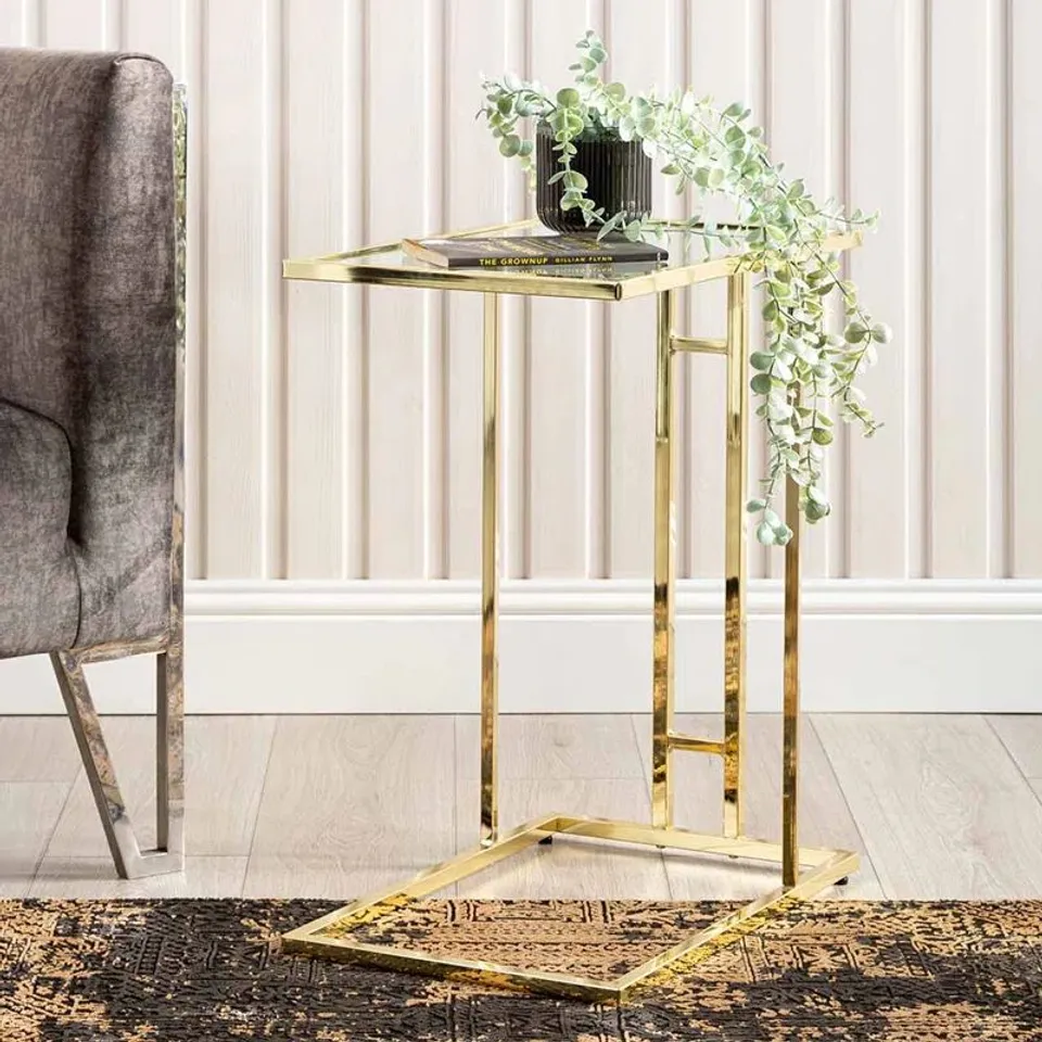 BOXED C SHAPE SOFA TABLE FOR LIVING ROOM FURNITURE, 60CM METAL BED SIDE - GOLD COLOUR (1 BOX)
