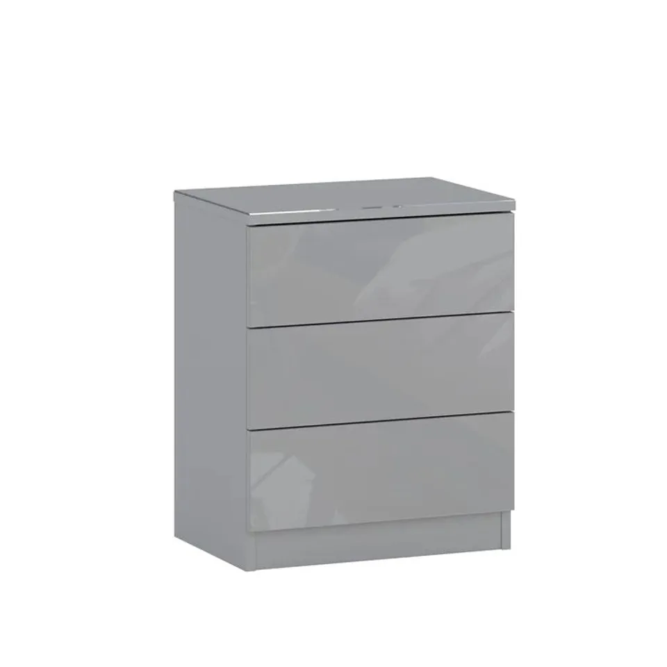 DESIGNER GEORGIA 3 DRAWER BEDSIDE CABINET STEEL GREY GLASS FINISH 