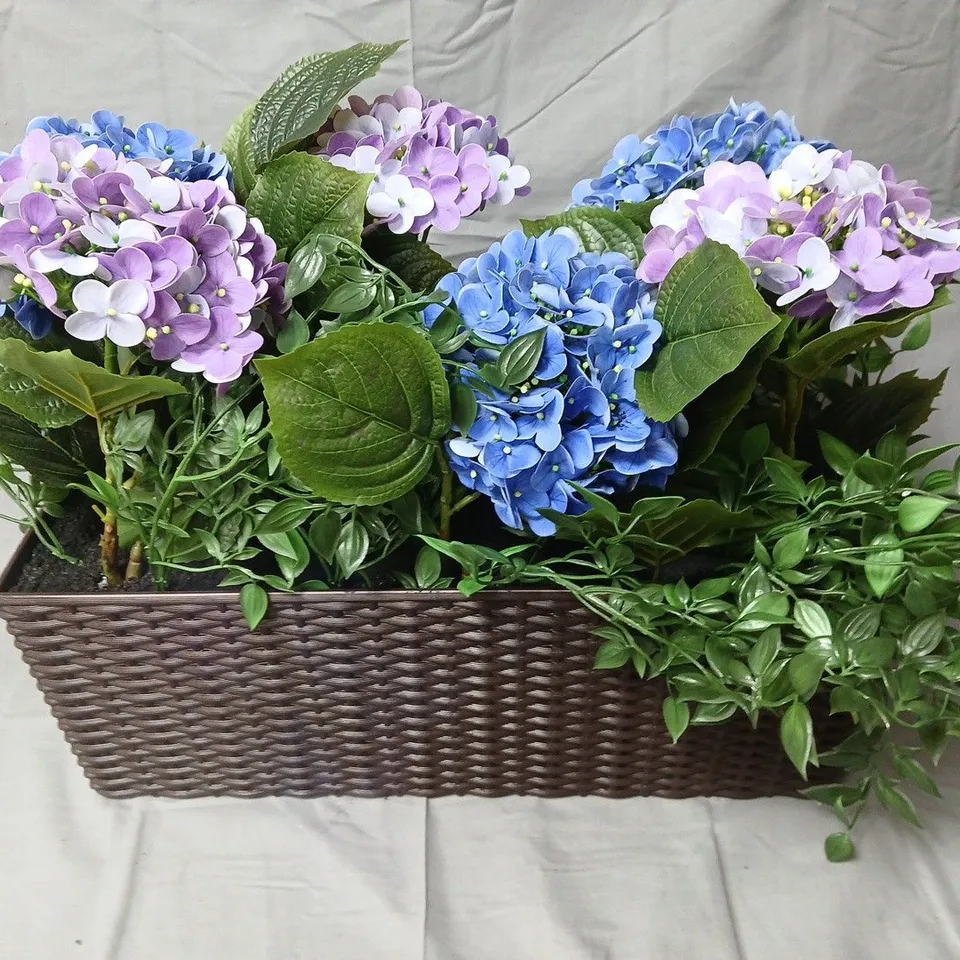 Artificial Hydrangea Basket Arrangement in Wicker Basket – Blue & Purple