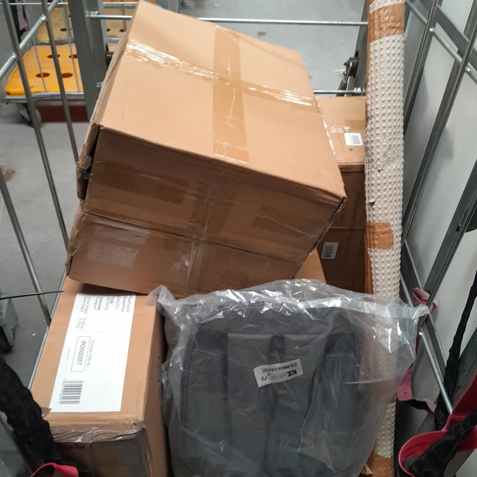 CAGE OF APPROXIMATELY 8 ASSORTED HOUSEHOLD ITEMS TO INCLUDE GINGER RAY WEDDING CORNHOLE GAME, METAL GARDEN PLANT STAKES, ETC - COLLECTION ONLY