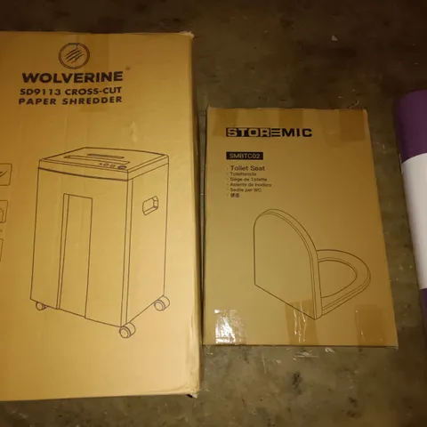PALLET OF ASSORTED ITEMS TO INCLUDE INFLATABLE KAYAK. WOLVERINE PAPER SHREDDER AND YOGA MAT