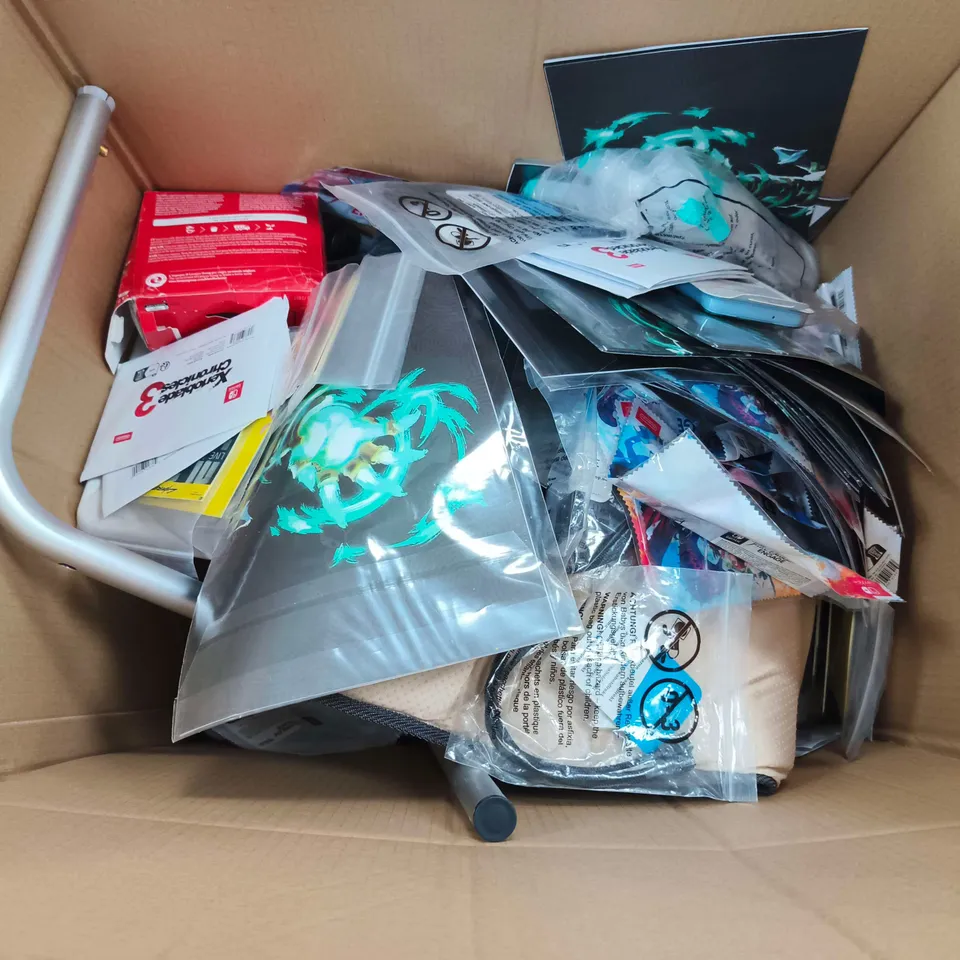 BOX OF APPROXIMATELY 20 HOUSEHOLD ITEMS TO INCLUDE DR BECKMANN DEO & SWEAT STAIN REMOVER, SALTER ELECTRONIC SCALE AND THE LEGEND OF ZELDA POSTERS