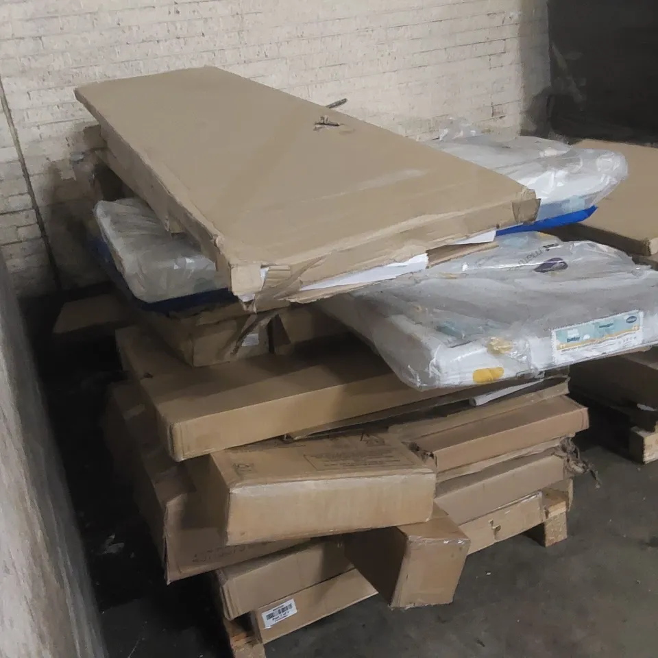 PALLET CONTAINING A LARGE QUANTITY OF ASSORTED FURNITURE PARTS AND COT MATTRESSES ECT