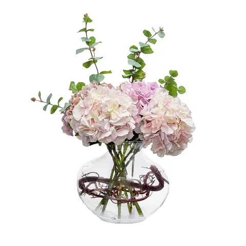 PEONY HYDRANGEAS AND EUCALPTUS WITH WILLOW TWIG IN LARGE FISH BOWL LILAC