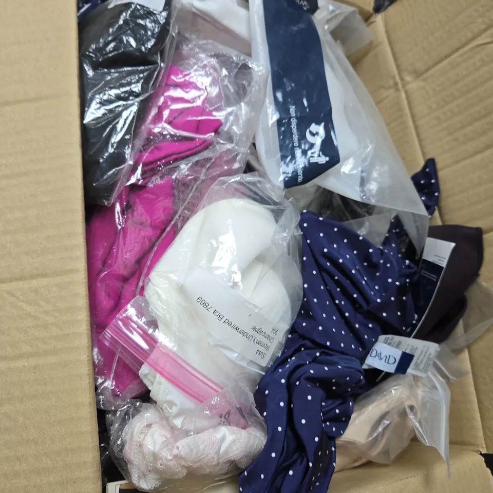 BOX OF APPROXIMATELY 14 ASSORTED CLOTHING ITEMS INCLUDING LISACA BRA , ROEA G STRING ,SILHOUETTE BRA  AND DAVID SWIMSUIT 