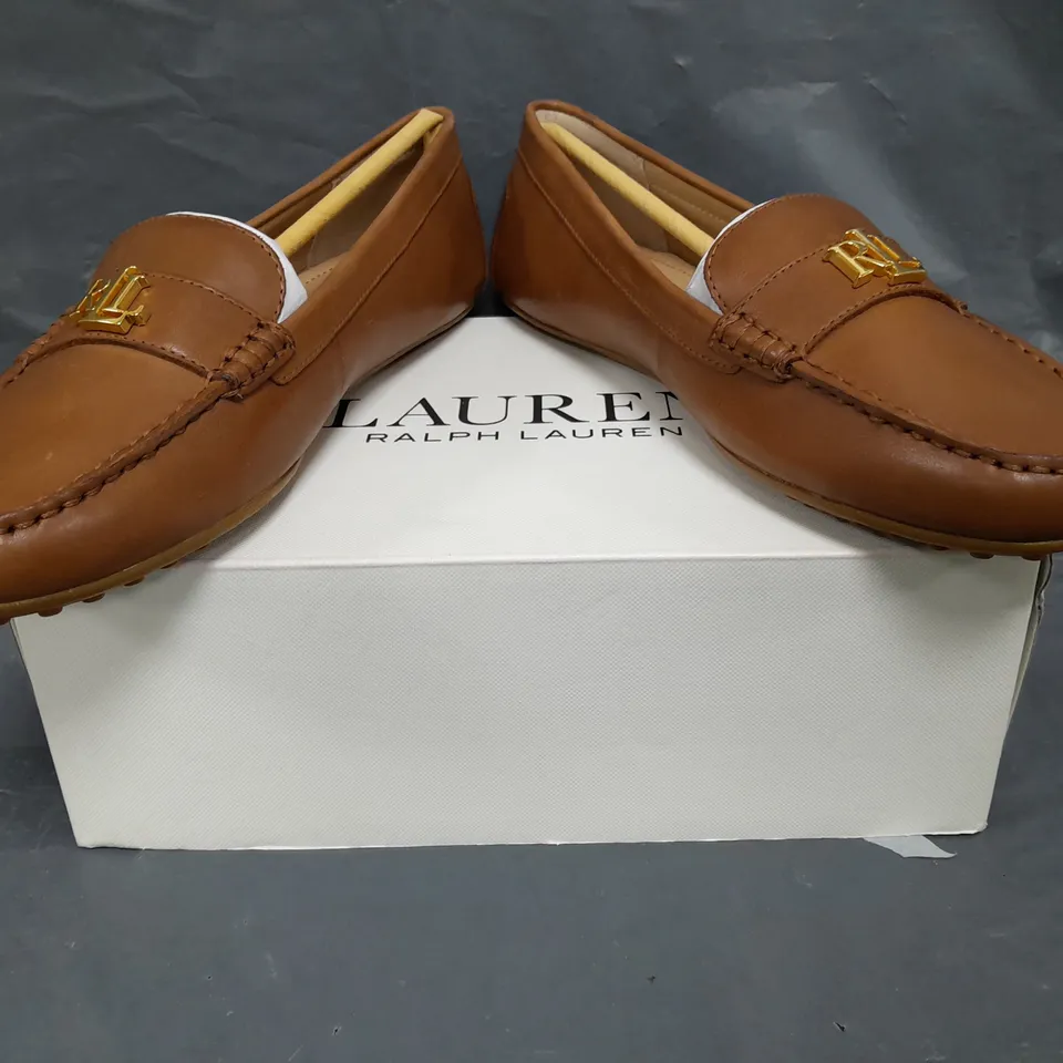 BOXED PAIR OF RALPH LAUREN LOAFERS IN BROWN SIZE UK SIZE 6