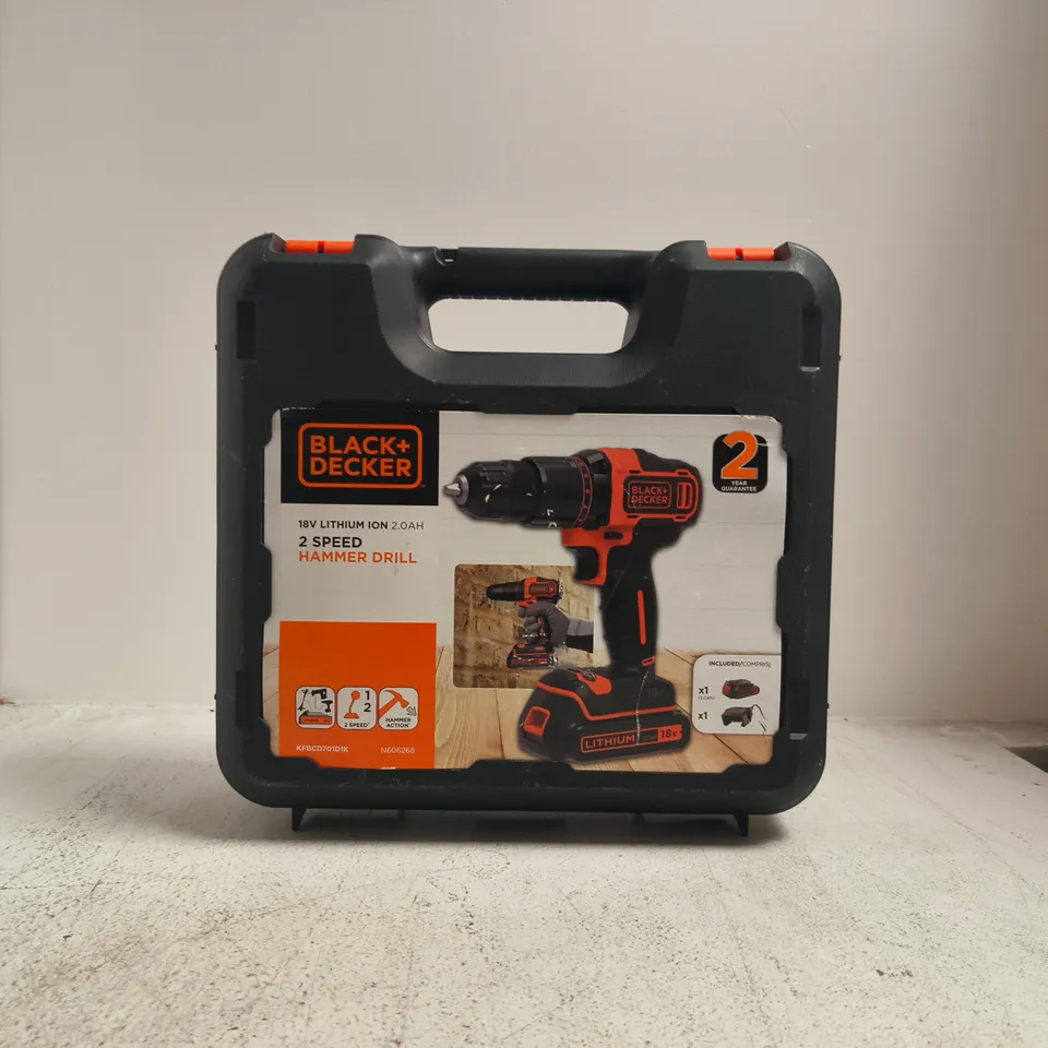 BLACK+DECKER 18V HAMMER DRILL IN CASE – 2-SPEED, LI‑ION 2.0AH