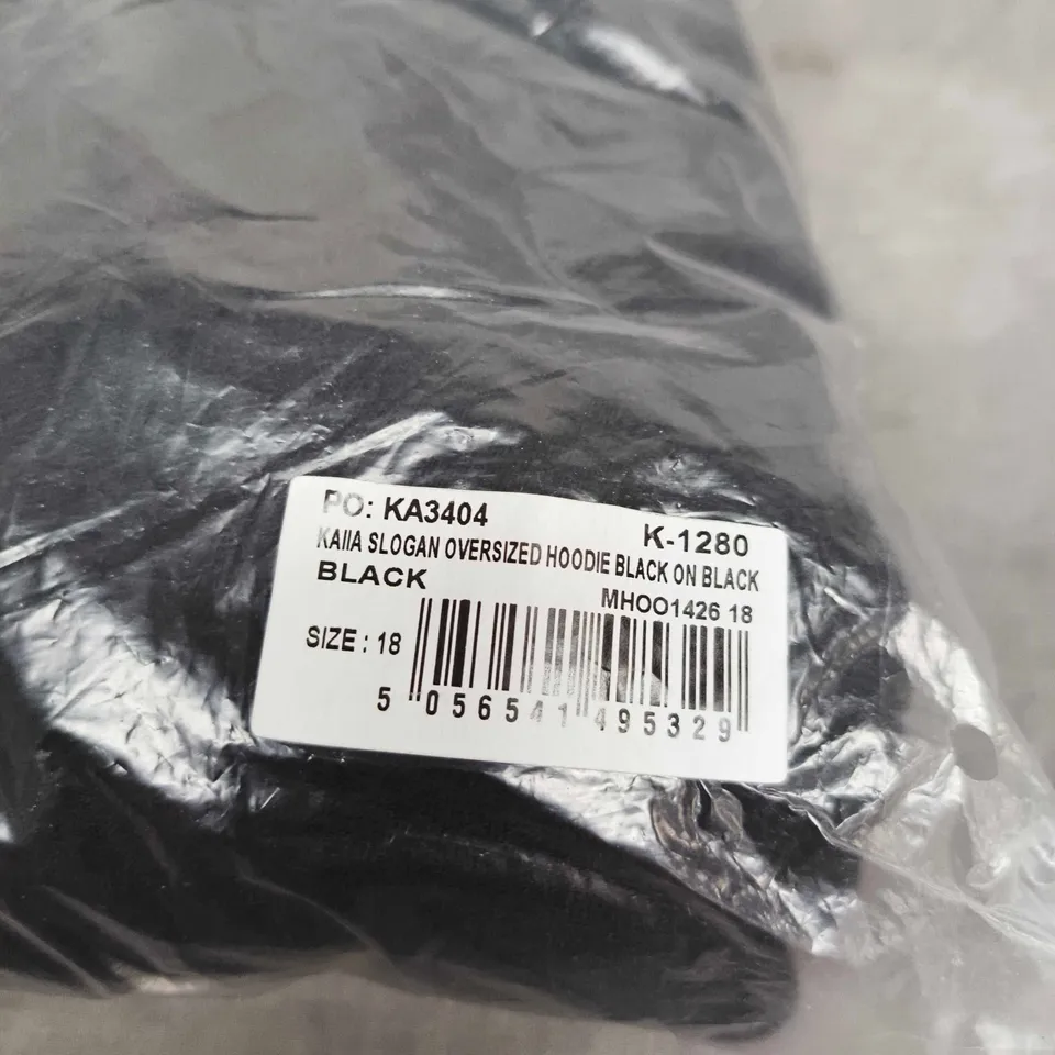 KAIA SLOGAN OVERSIZED HOODIE – BLACK ON BLACK – UK 18