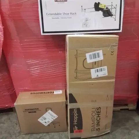 PALLET OF ASSORTED HOUSEHOLD GOODS AND PRODUCTS TO INCLUDE;TRAMPOLINE,EXTENDABLE SHOE RACK,STEP STOOL