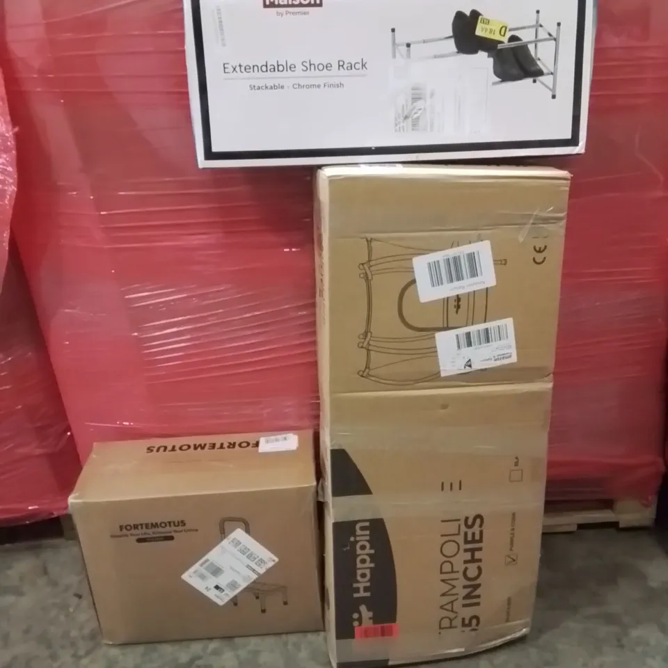 PALLET OF ASSORTED HOUSEHOLD GOODS AND PRODUCTS TO INCLUDE;TRAMPOLINE,EXTENDABLE SHOE RACK,STEP STOOL