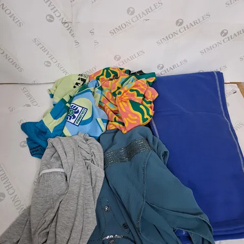 LARGE BOX OF ASSORTED CLOTHING ITEMS IN VARIOUS COLOURS AND SIZES INCLUDING TROUSERS , TOPS AND JUMPERS