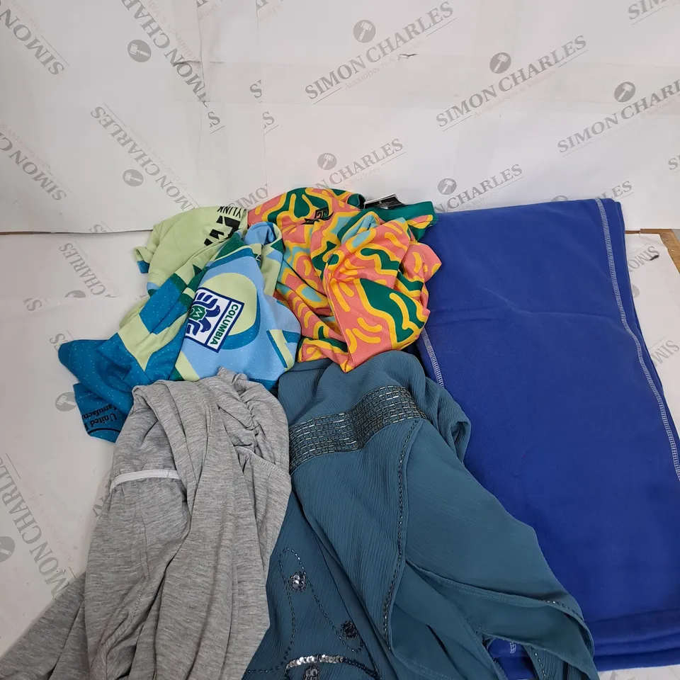 LARGE BOX OF ASSORTED CLOTHING ITEMS IN VARIOUS COLOURS AND SIZES INCLUDING TROUSERS , TOPS AND JUMPERS 