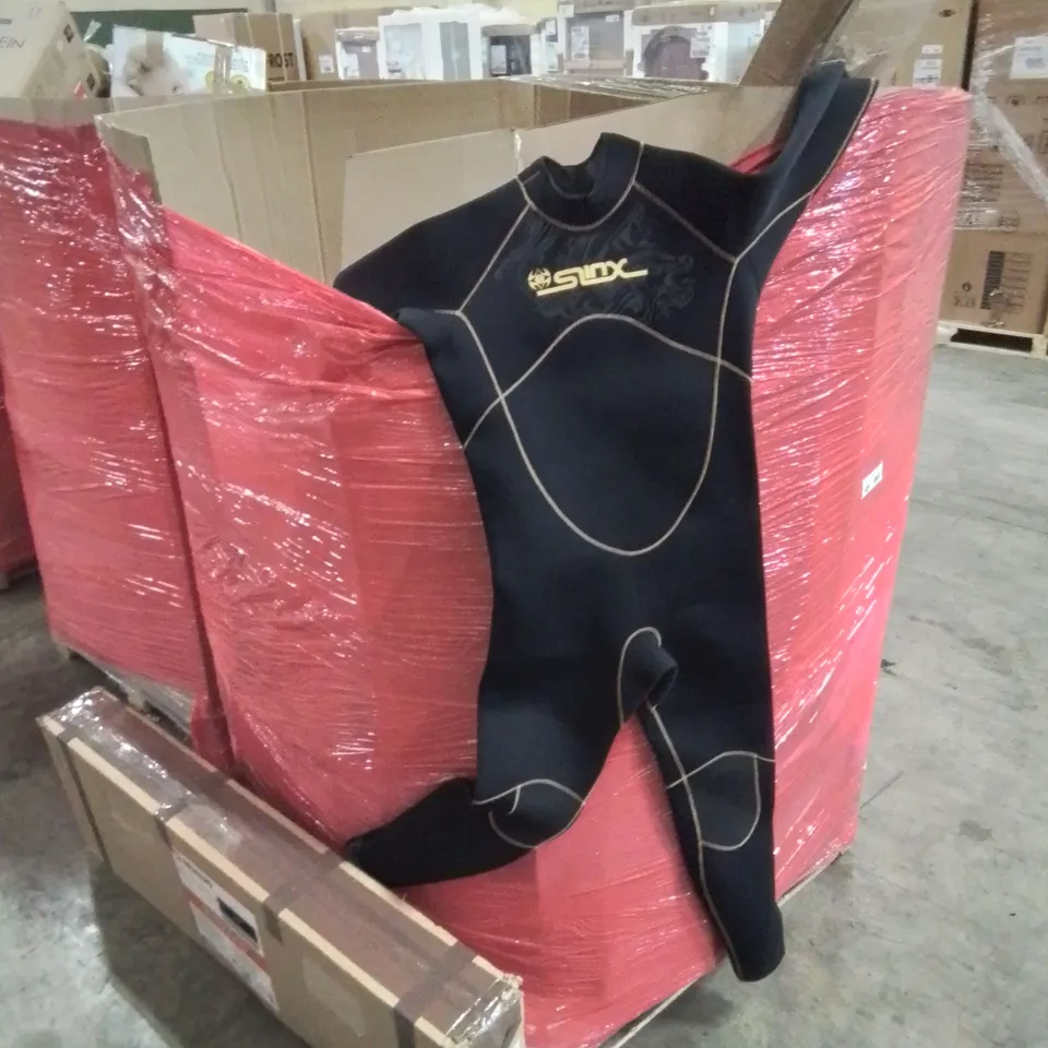 PALLET OF MIXED BOXED HOUSEHOLD ITEMS TO INCLUDE; SINK WET SUIT, RIFLE CASE ETC.