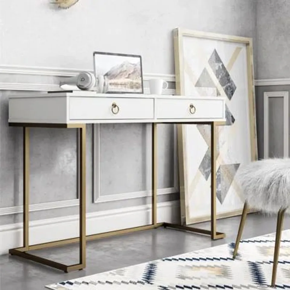 BOXED RECTANGLE WRITING DESK WITH GOLDEN METAL LEGS