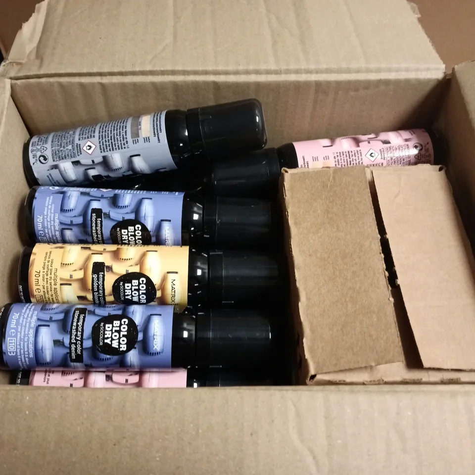 BOX OF APPROXIMATELY 30 MATRIX HAIRCARE PRODUCTS TO INCLUDE BRASS OFF PROTECTING CREAMS, TEMPORARY COLOUR SPRAYS AND GLOSS BOOSTERS