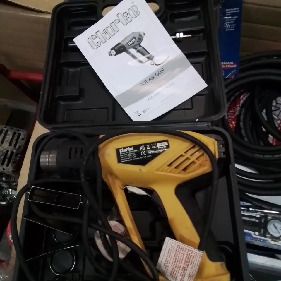 MIXED BOX OF TOOLS TO INCLUDE: HEAT GUN, HEX KEY SET, AIR FILTER REGULATOR PRESSURE HOSES ETC.