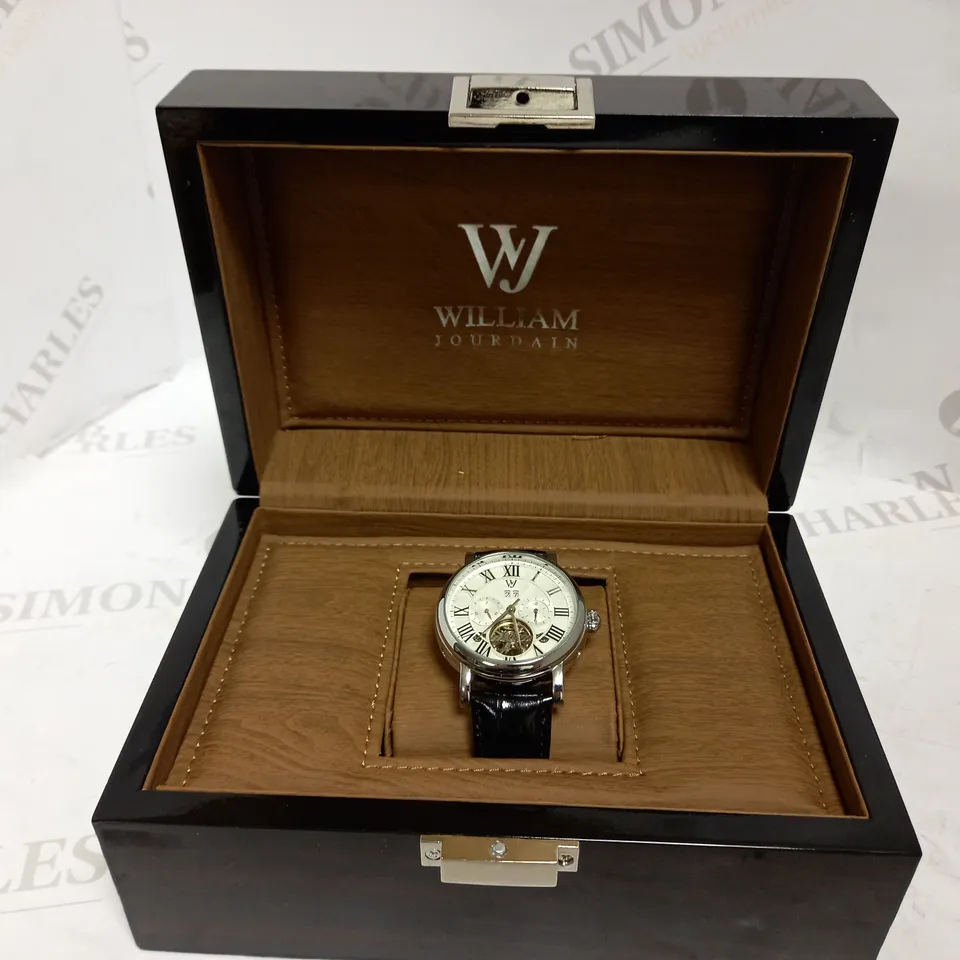 WILLIAM JOURDAIN PART SKELETON WAVE DIAL LEATHER STRAP WATCH