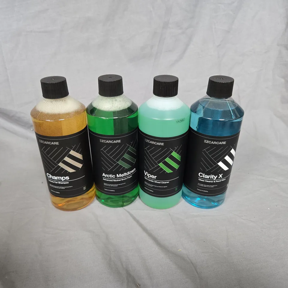 APPROXIMATELY 8 X EZCARCARE CAR CLEANING SET – INCLUDING CHAMPS, ARCTIC MELTDOWN, VIPER & CLARITY WITH SPRAY NOZZLES