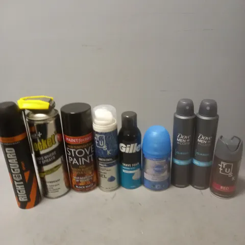 APPROXIMATELY 12 ASSORTED AEROSOLS TO INCLUDE DOVE MEN CLASSIC, GILLETTE SHAVE FOAM, AND TUSK RED ETC.