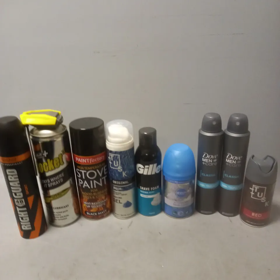 APPROXIMATELY 12 ASSORTED AEROSOLS TO INCLUDE DOVE MEN CLASSIC, GILLETTE SHAVE FOAM, AND TUSK RED ETC.