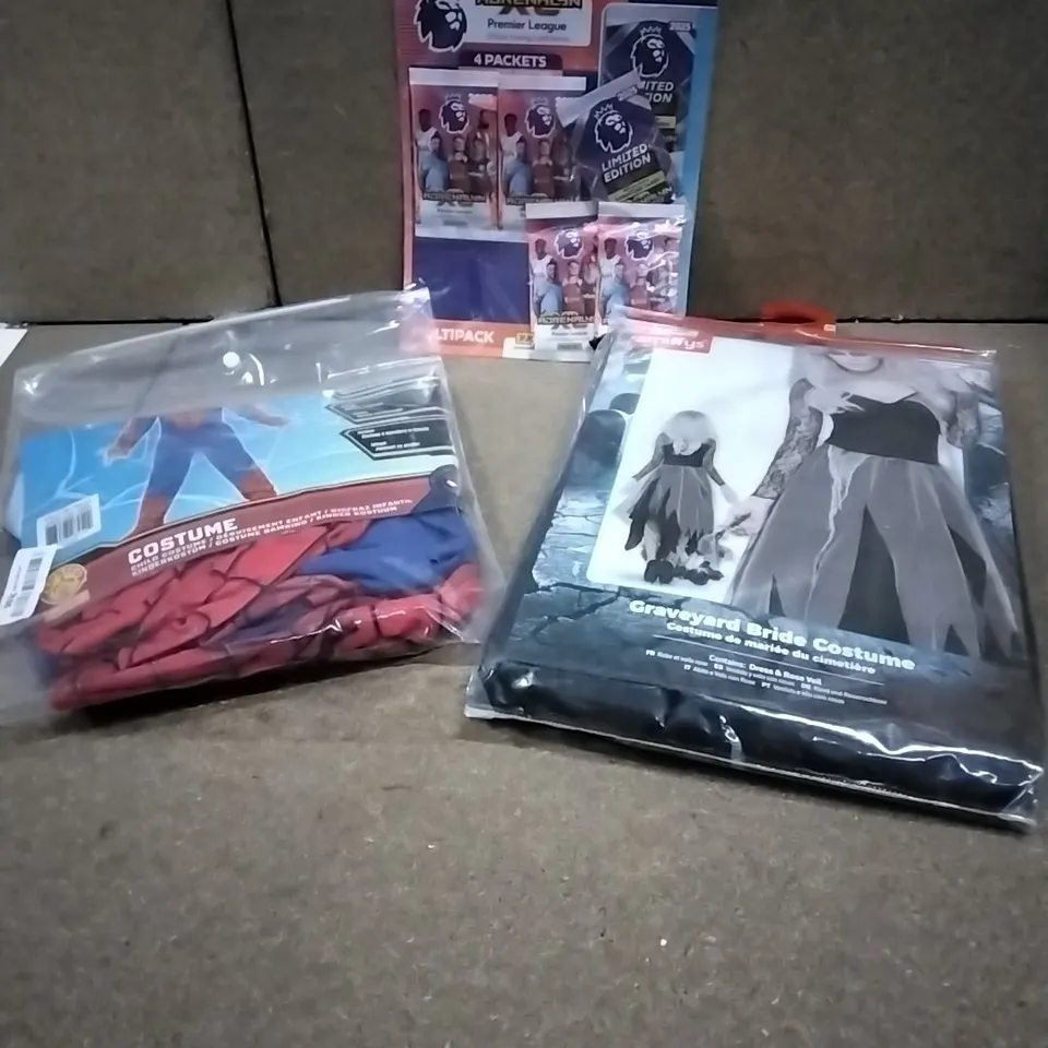 LOT OF VARIOUS ASSORTED HOUSEHOLD ITEMS TO INCLUDE: SPIDERMAN KIDS COSTUME, PREMIER LEAGUE TRADING CARD PACK, GRAVEYARD BRIDE COSTUME ETC