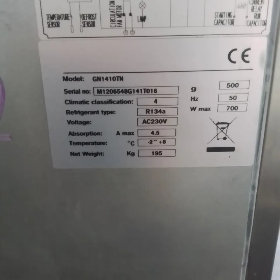 COMMERCIAL ARTIKCOLD GN1410TN DOUBLE DOOR UPRIGHT STAINLESS STEEL FRIDGE.