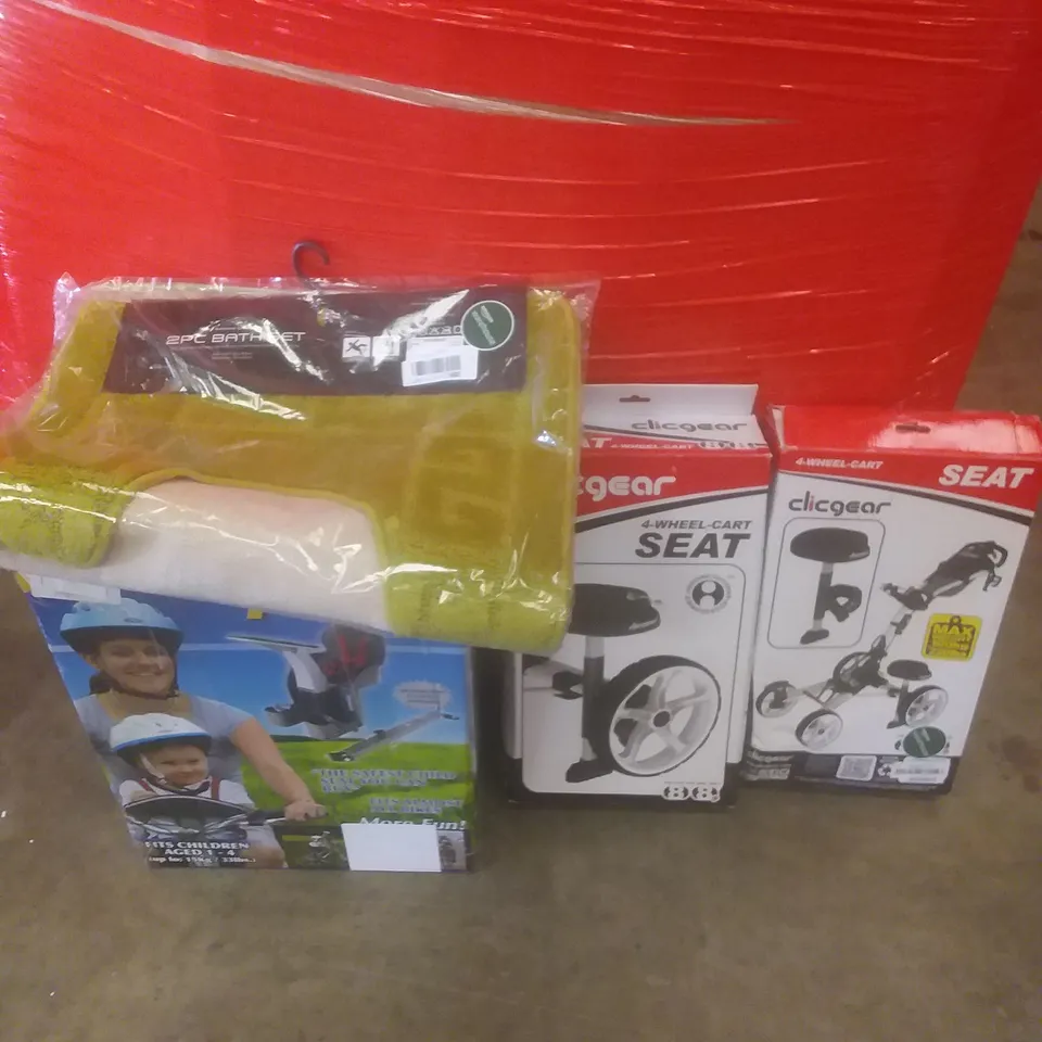 PALLET OF ASSORTED ITEMS INCLUDING 4 WHEEL CART SEAT, CHILD BIKE SEAT, 2 PIECE BATH SET, 4 WHEEL CART