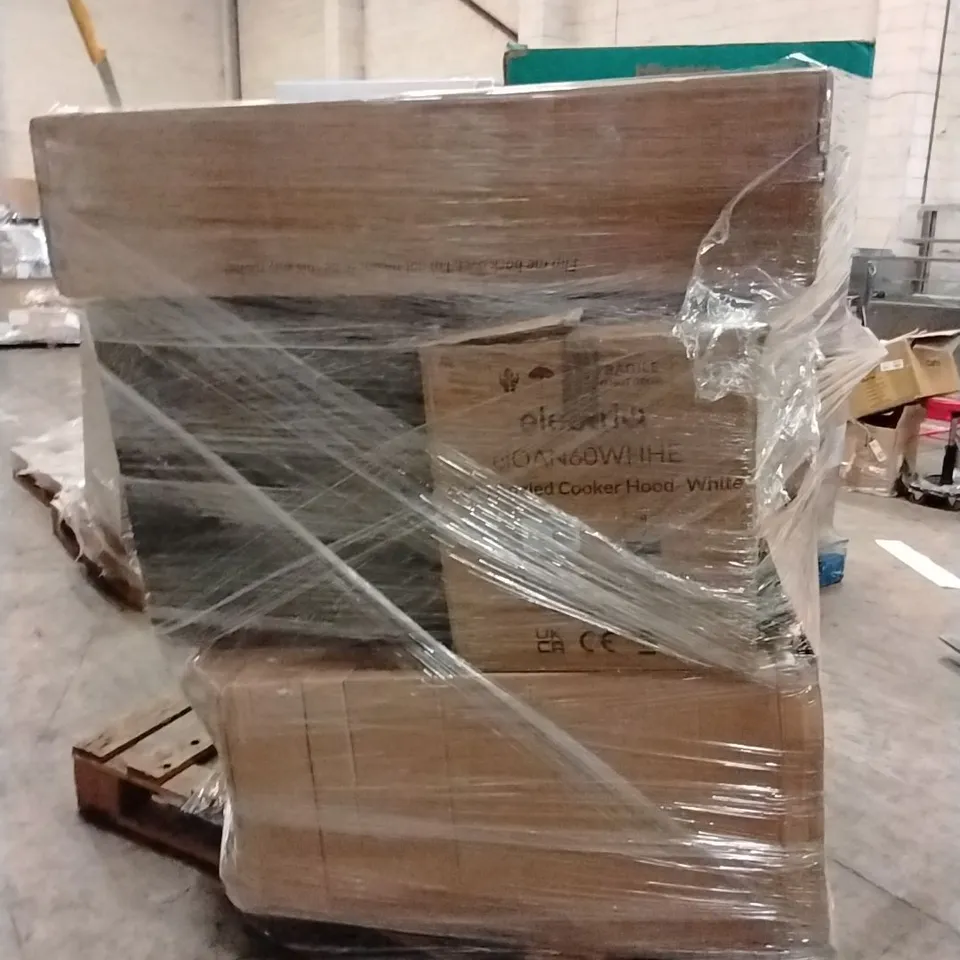 PALLET OF ASSORTED KITCHEN APPLIANCES TO INCLUDE;COOKER HOOD,MINI FRIDGE,SUNCREST EGGLESTON SUITE,CURVED GLASS COOKER HOOD IN BLACK