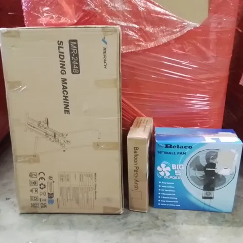 PALLET OF ASSORTED HOUSEHOLD GOODS AND PRODUCTS TO INCLUDE;WALL FAN,SLIDING MACHINE,BALLOON PARTY ARCH