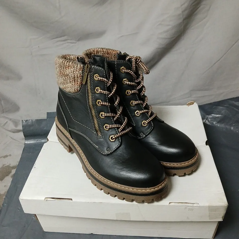 LOTUS BLACK LEATHER ANKLE BOOT WITH KNIT COLLAR, LACE-UP AND SIDE ZIP SIZE 7 BOXED