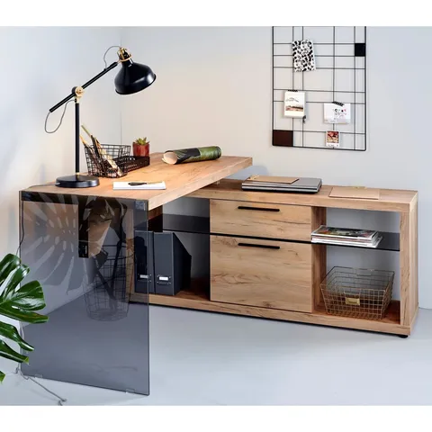BOXED WATLINGTON 142CM W L-SHAPE WRITING DESK - OAK IMITATION/GREY GLASS (2 BOXES)