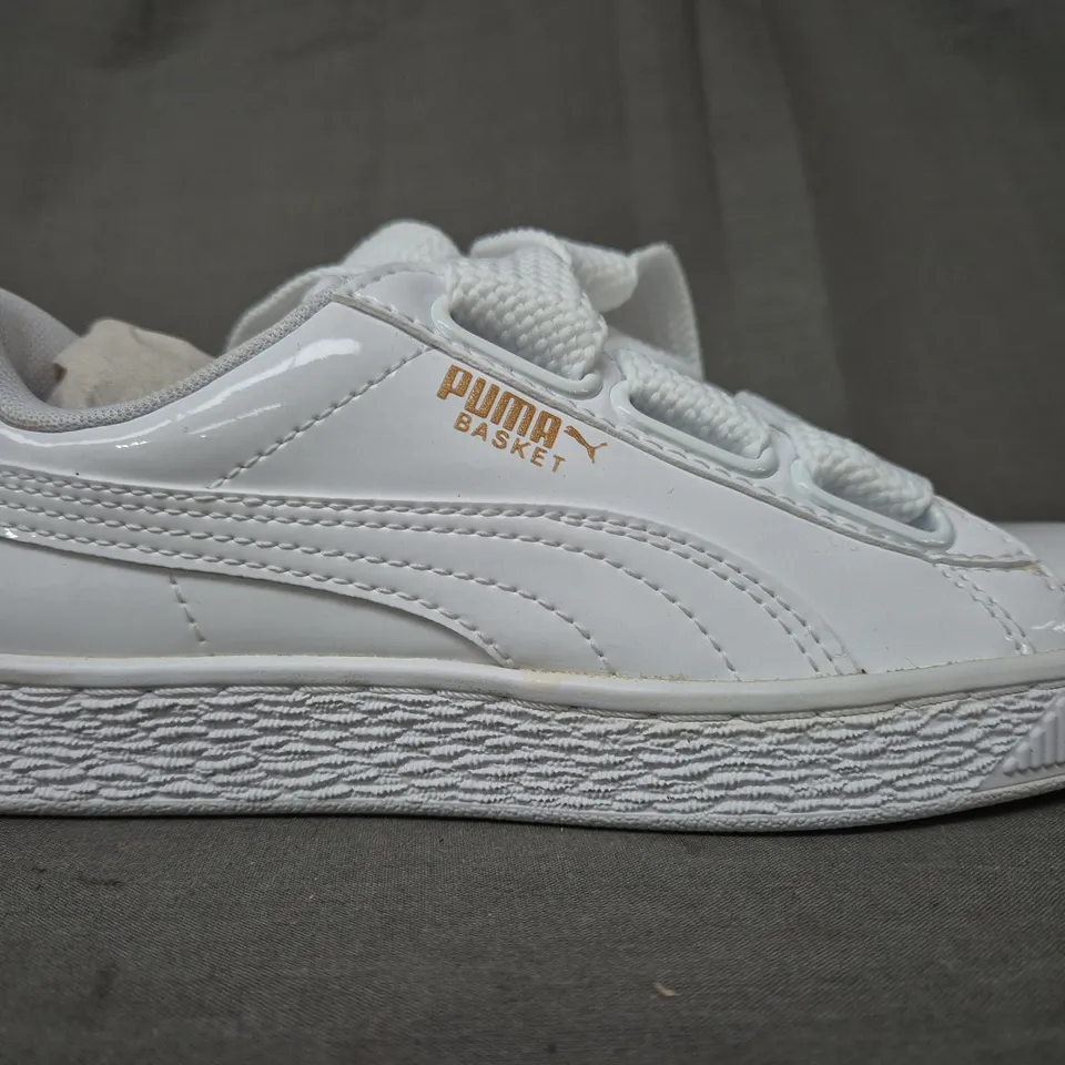 BOXED PAIR OF PUMA WOMEN'S BASKET HEART PATENT SHOES IN WHITE UK SIZE 3