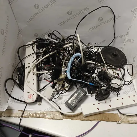 LARGE BOX OF ASSORTED WIRES AND PLUGS TO INCLUDE LAPTOP, PHONE, AND TABLET PLUGS