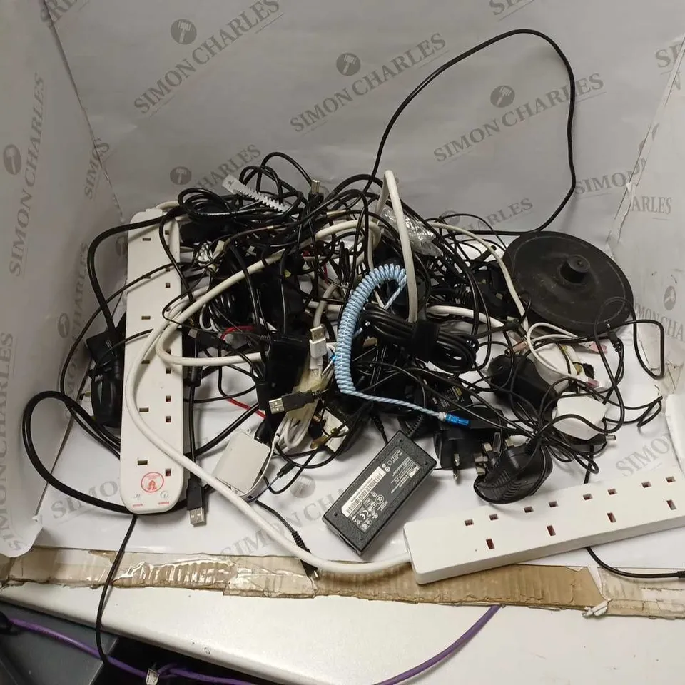 LARGE BOX OF ASSORTED WIRES AND PLUGS TO INCLUDE LAPTOP, PHONE, AND TABLET PLUGS