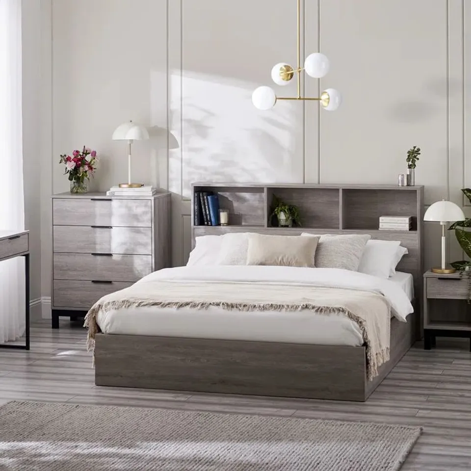 BOXED BAEHR 4'6" BED WITH GAS LIFT UP SYSTEM - GREY OAK (4 BOXES)