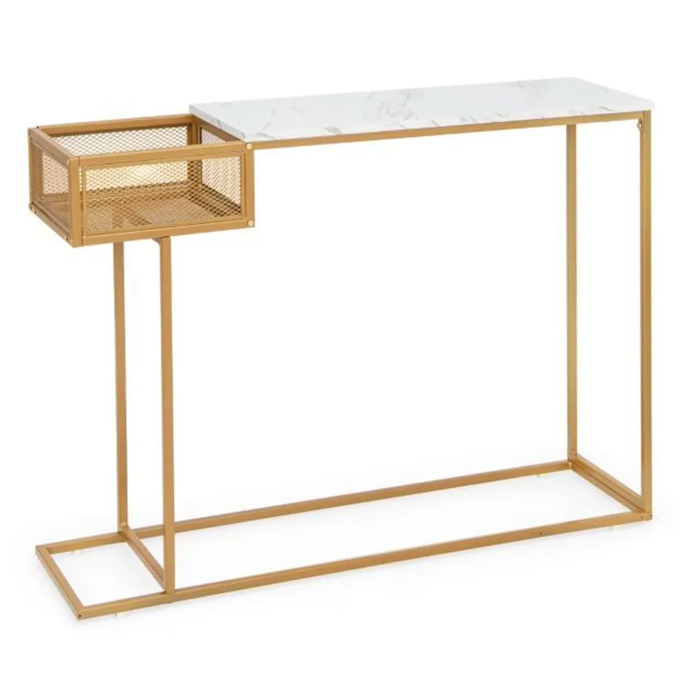 BOXED COSTWAY GOLD CONSOLE TABLE WITH STORAGE BASKET AND STURDY METAL FRAME