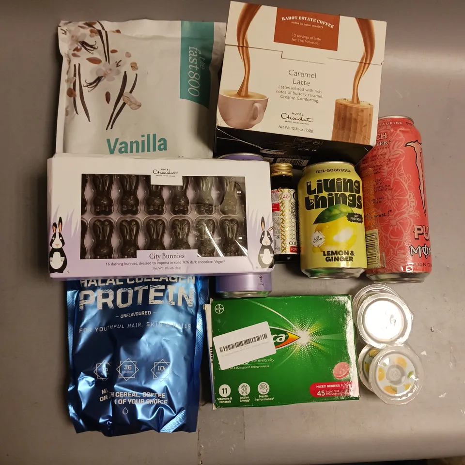 BOX OF APPROX 16 ASSORTED FOOD ITEMS TO INCLUDE - SUNNA HALAL COLLAGEN PROTEIN - RABBOT ESTATE COFFEE - THE FAST800 VANILLA MEAL REPLACEMENT