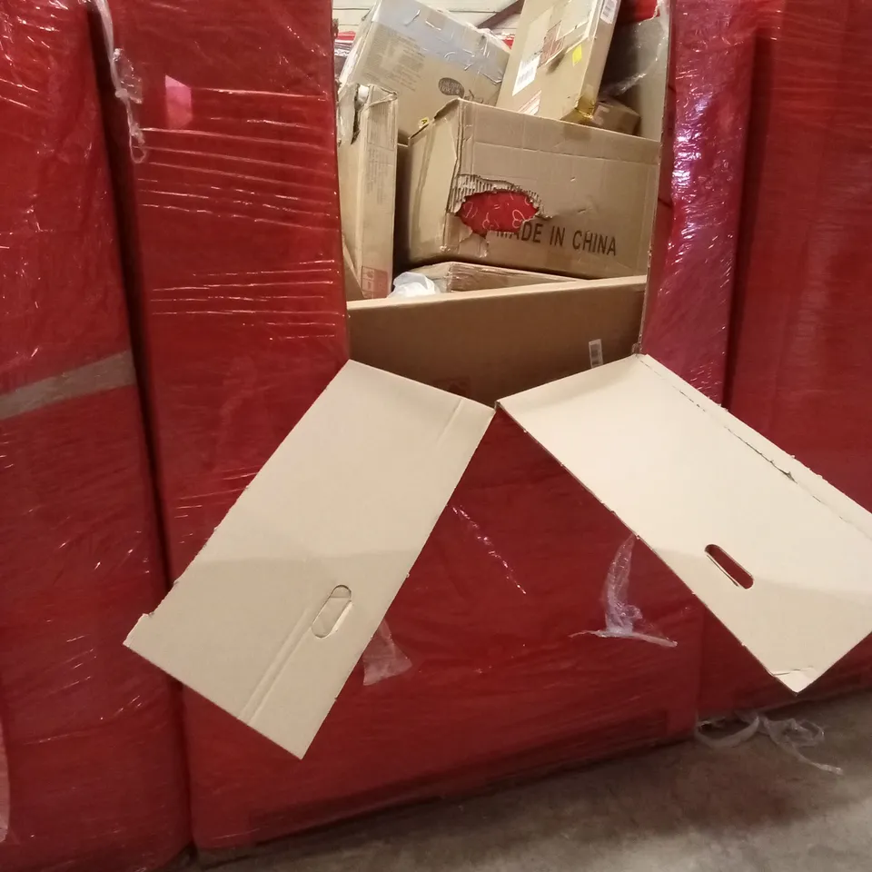 PALLET OF ASSORTED HOUSEHOLD GOODS AND PRODUCTS TO INCLUDE; CHILDREN'S TRIKE, BLINDS, BOXED FURNITURE ETC