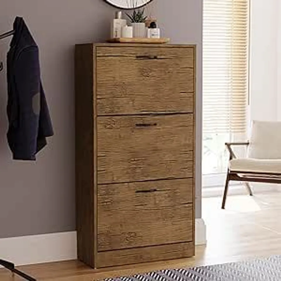 BOXED VIDA DESIGN 3 DRAWER SHOE CABINET - ANTIQUE BROWN (1 BOX)