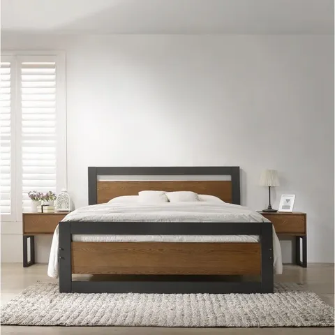 BOXED VINCENTE DOUBLE BED FRAME - WALNUT/CHARCOAL (3 BOXES)
