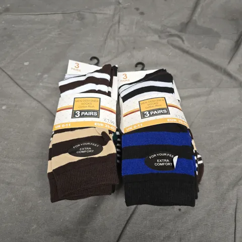 2 X MEN'S STRIPED COTTON-RICH DESIGNER SOCKS, 3 PAIRS (UK 6-11)