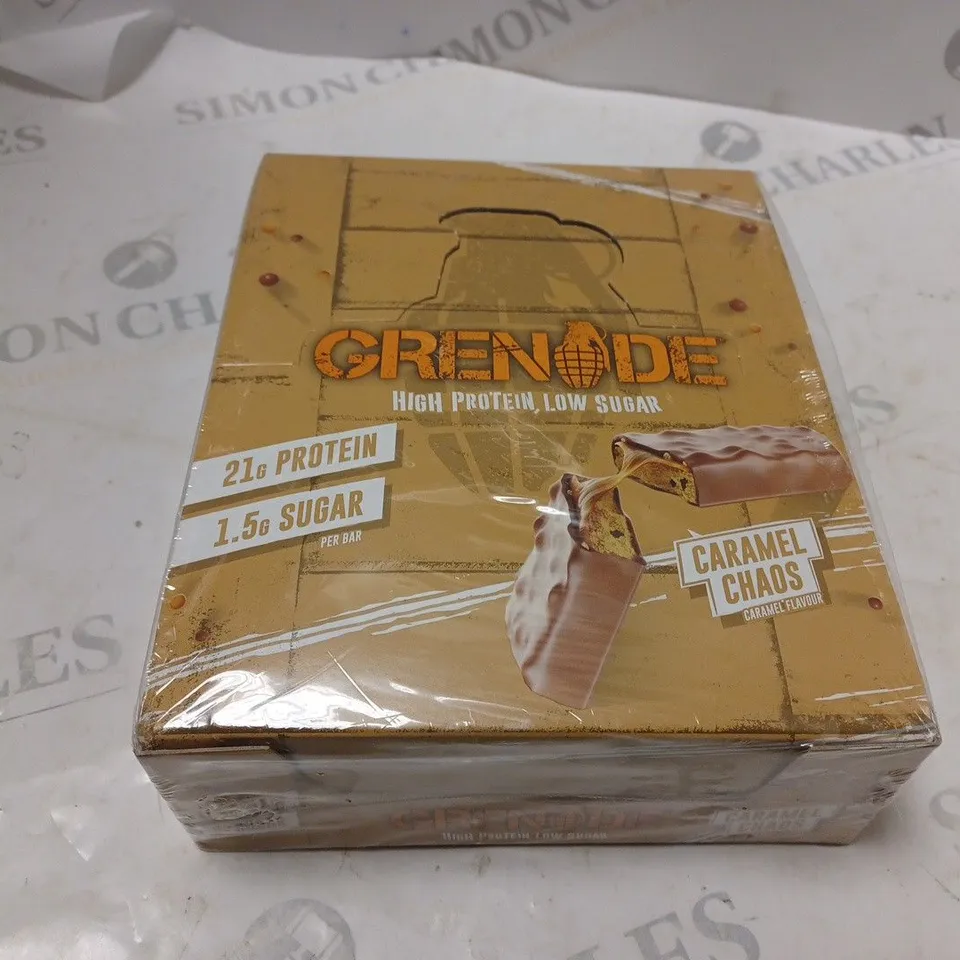 SEALED AND BOXED GRENADE CARAMEL CHAOS PROTEIN BARS (12 x 60g)