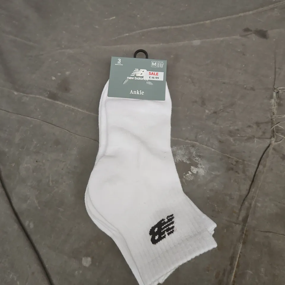 NEW BALANCE ANKLE SOCKS – MEN'S WHITE UK 7-8.5 (M) 3 PACK