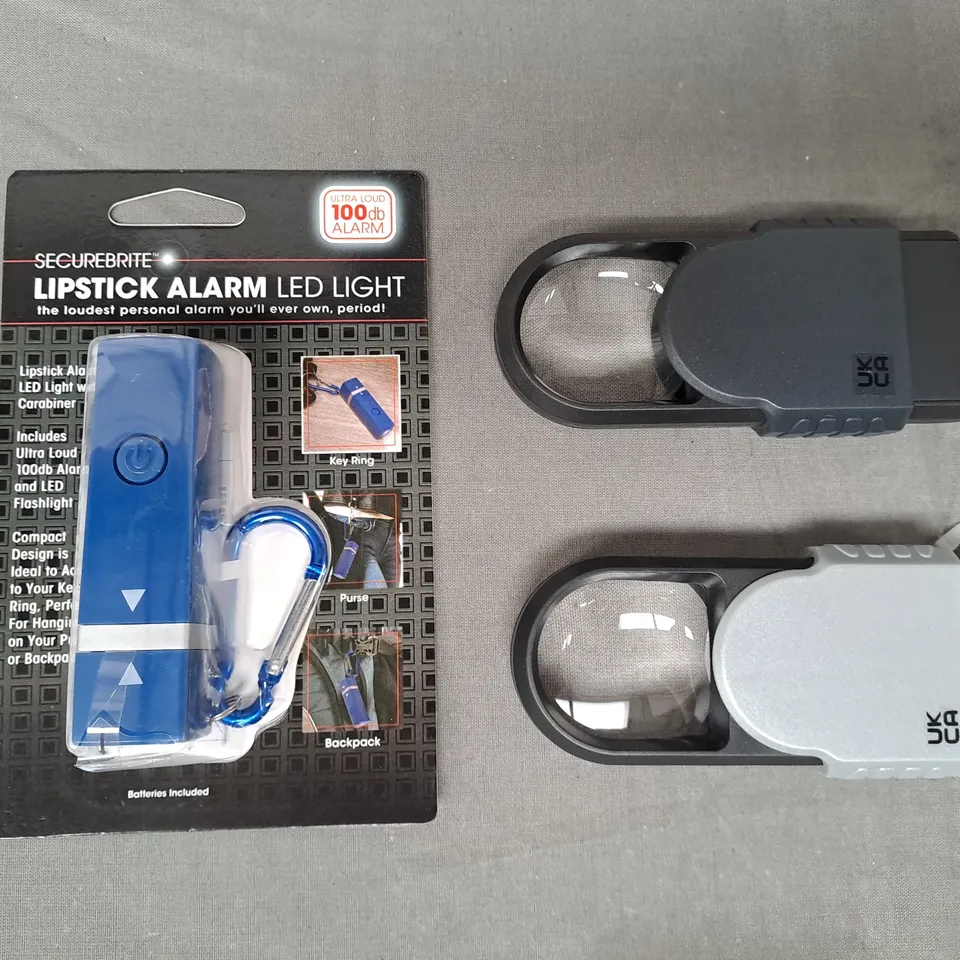 BOX OF APPROXIMATELY 20 ASSORTED HOUSEHOLD ITEMS TO INCLUDE LIPSTICK ALARM LED LIGHT, MAGNIFYING GLASS, ETC